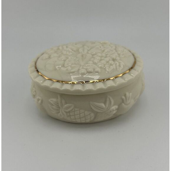 Vintage 1998 LENOX Porcelain Embossed Fruits of Life Oval Trinket Box‎ Gold Trim - Picture 1 of 4